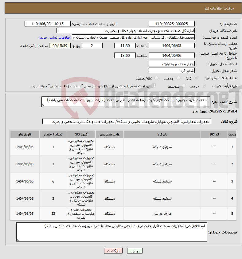 تصویر کوچک آگهی نیاز انتخاب تامین کننده- استعلام خرید تجهیزات سخت افزار جهت ارتقا شاخص نظارتی معادن( دارای بپیوست مشخصات می باشد)