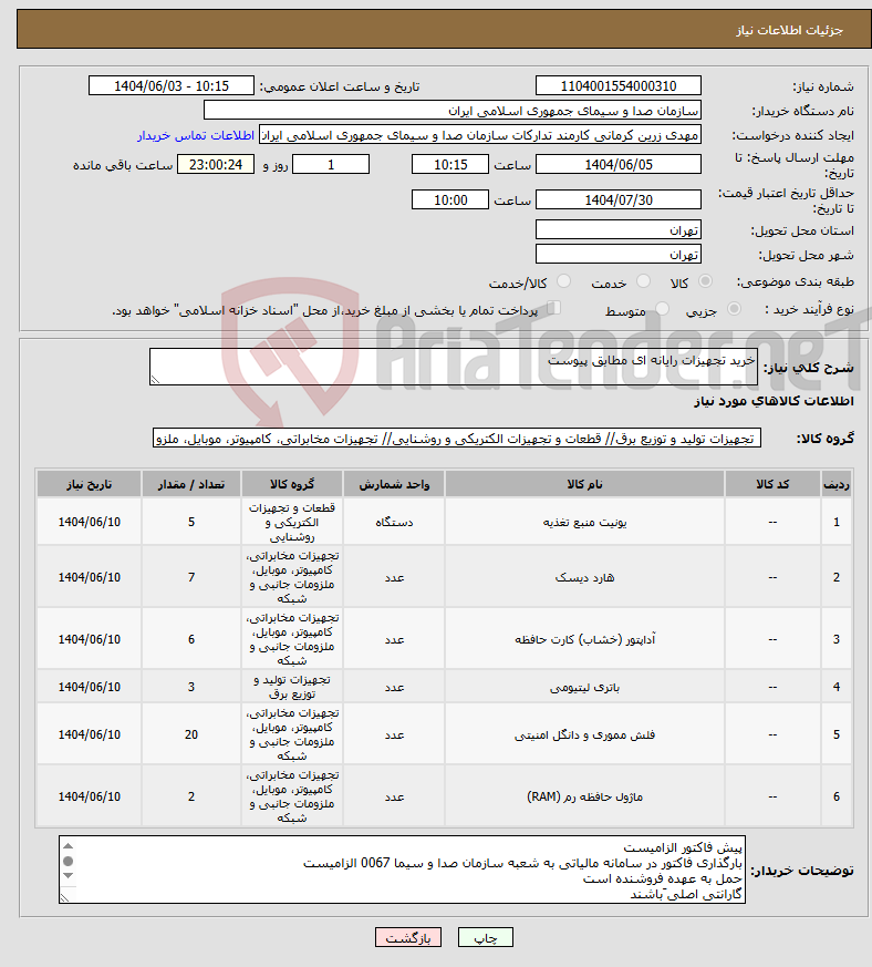 تصویر کوچک آگهی نیاز انتخاب تامین کننده-خرید تجهیزات رایانه ای مطابق پیوست