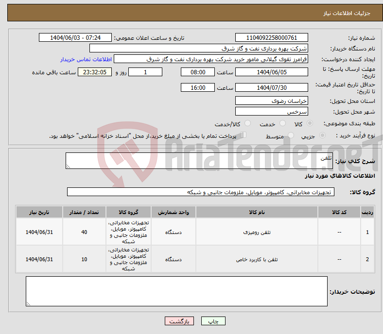 تصویر کوچک آگهی نیاز انتخاب تامین کننده-تلفن