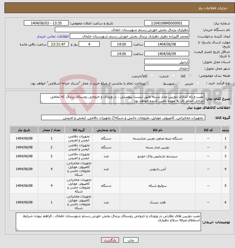 تصویر کوچک آگهی نیاز انتخاب تامین کننده-نصب و راه اندازی دوربین مدار بسته طبق لیست پیوستی ، در ورودی و خروجی روستای برندق که تمامی مراحل انجام کار به عهده تامین کننده خواهد بود