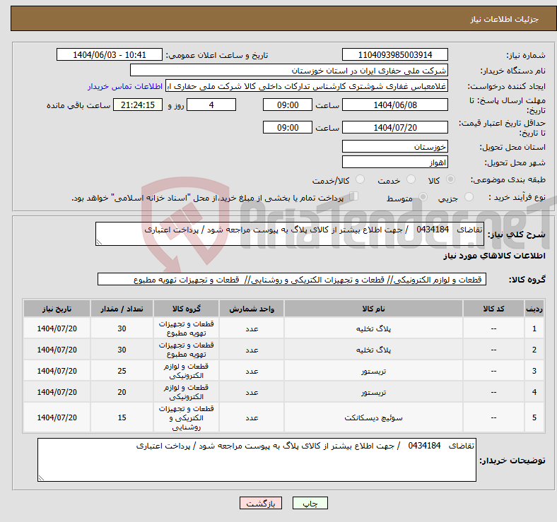 تصویر کوچک آگهی نیاز انتخاب تامین کننده-تقاضای 0434184 / جهت اطلاع بیشتر از کالای پلاگ به پیوست مراجعه شود / پرداخت اعتباری