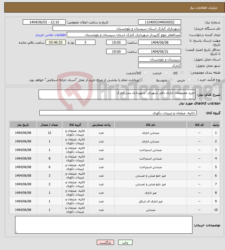 تصویر کوچک آگهی نیاز انتخاب تامین کننده-خرید مصنوعات اداری دفتر شهردار، شهرداری بندر کنارک