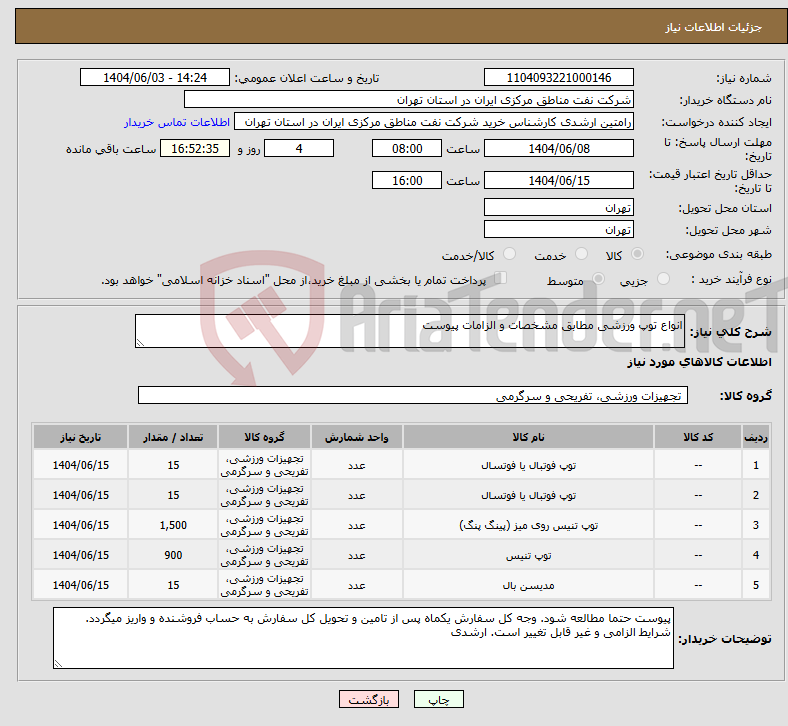 تصویر کوچک آگهی نیاز انتخاب تامین کننده-انواع توپ ورزشی مطابق مشخصات و الزامات پیوست