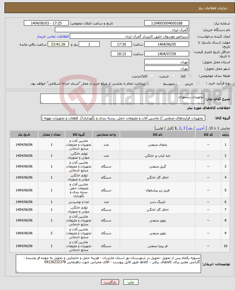 تصویر کوچک آگهی نیاز انتخاب تامین کننده-تجهیزات رستوران