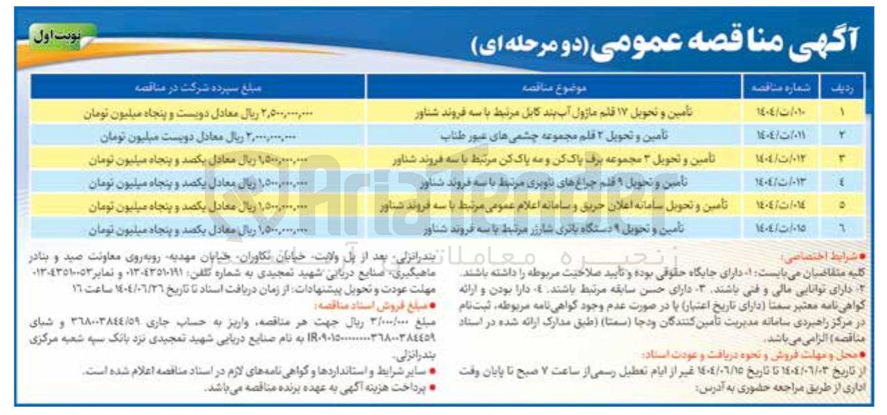 تصویر کوچک آگهی تأمین و تحویل ۱۷ قلم ماژول آب بند کابل مرتبط با سه فروند شناور 
