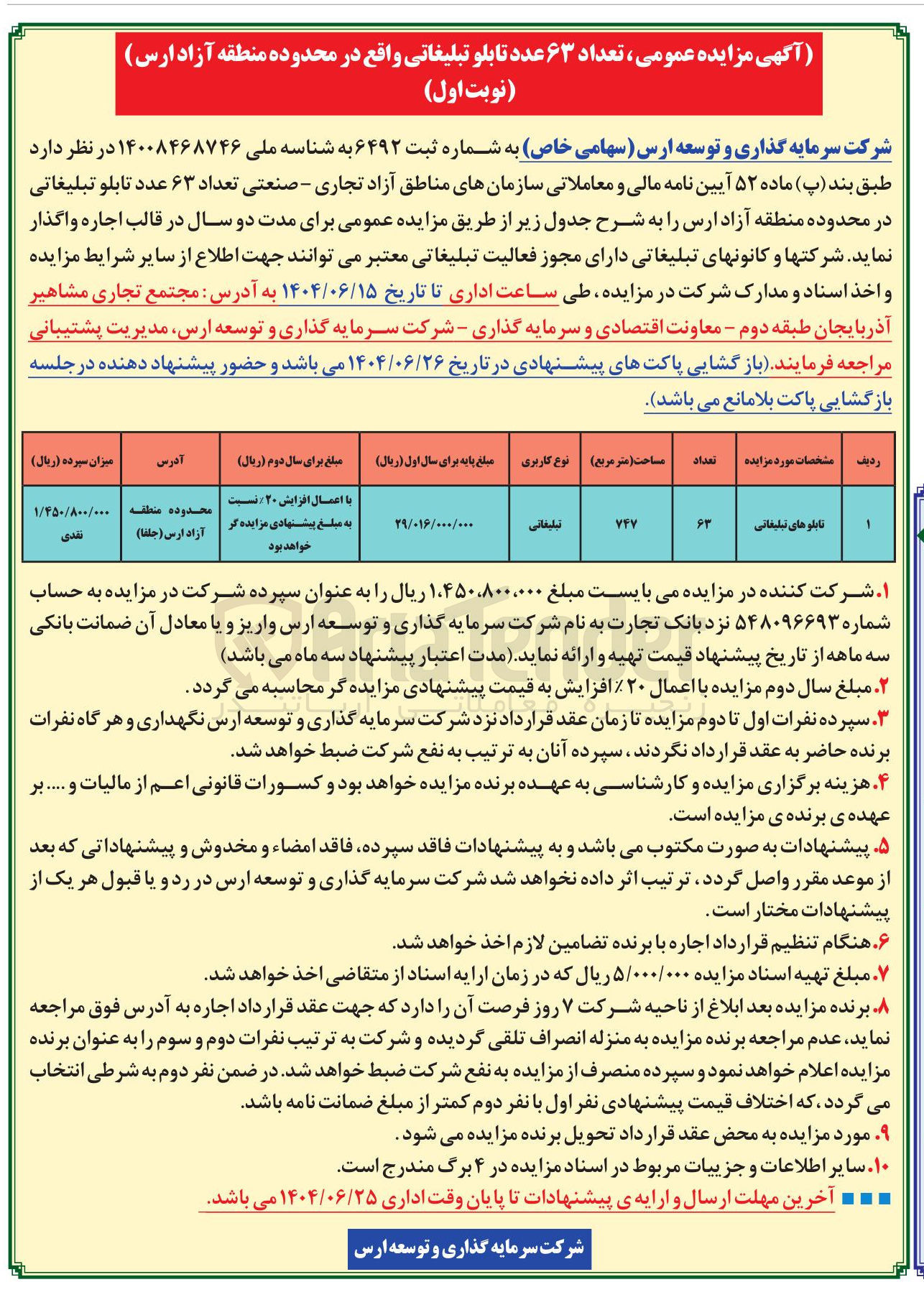 تصویر کوچک آگهی اجاره تعداد ۶۳ عدد تابلو تبلیغاتی