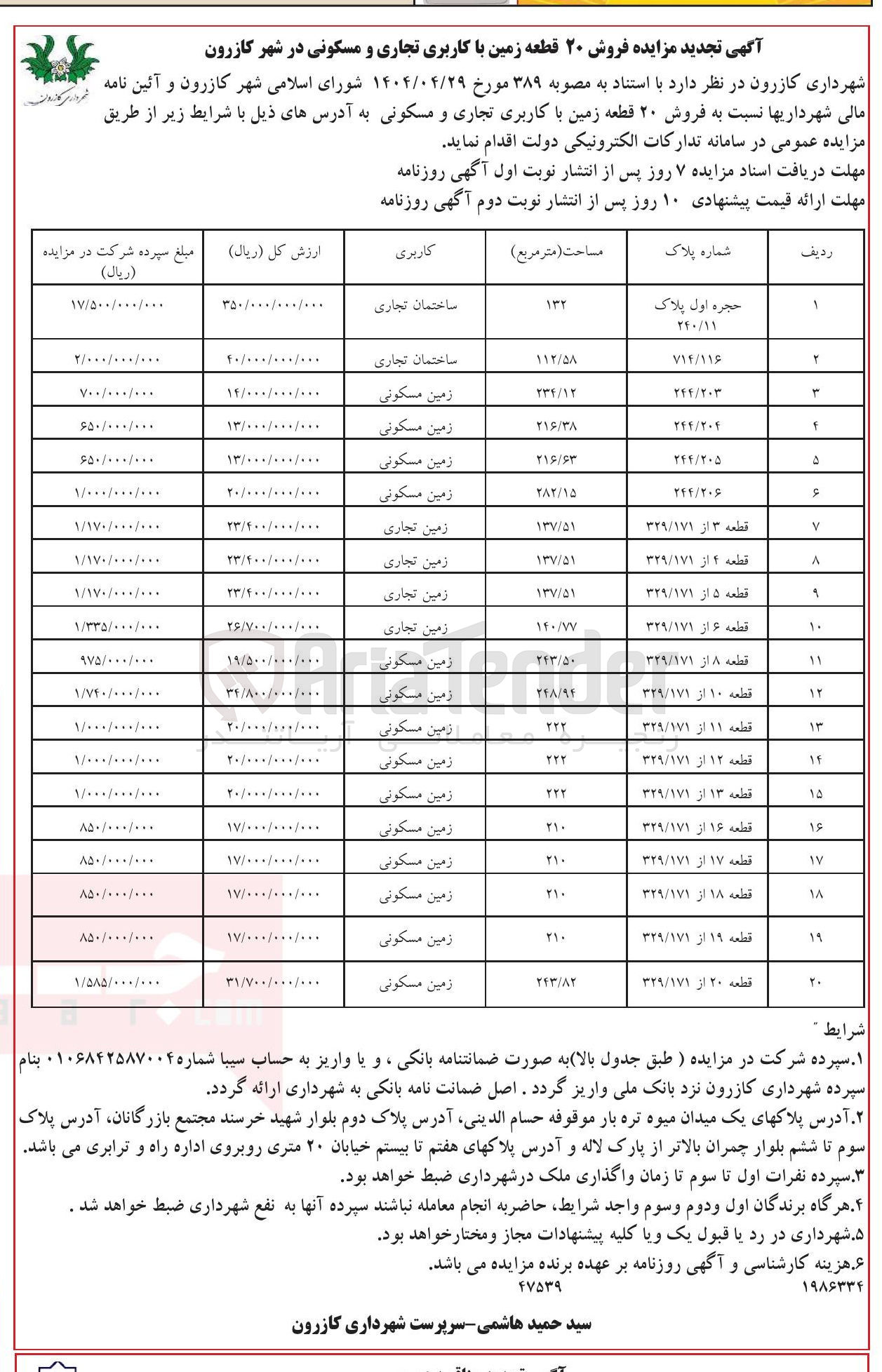 تصویر کوچک آگهی فروش ۲۰ قطعه زمین با کاربری تجاری و مسکونی