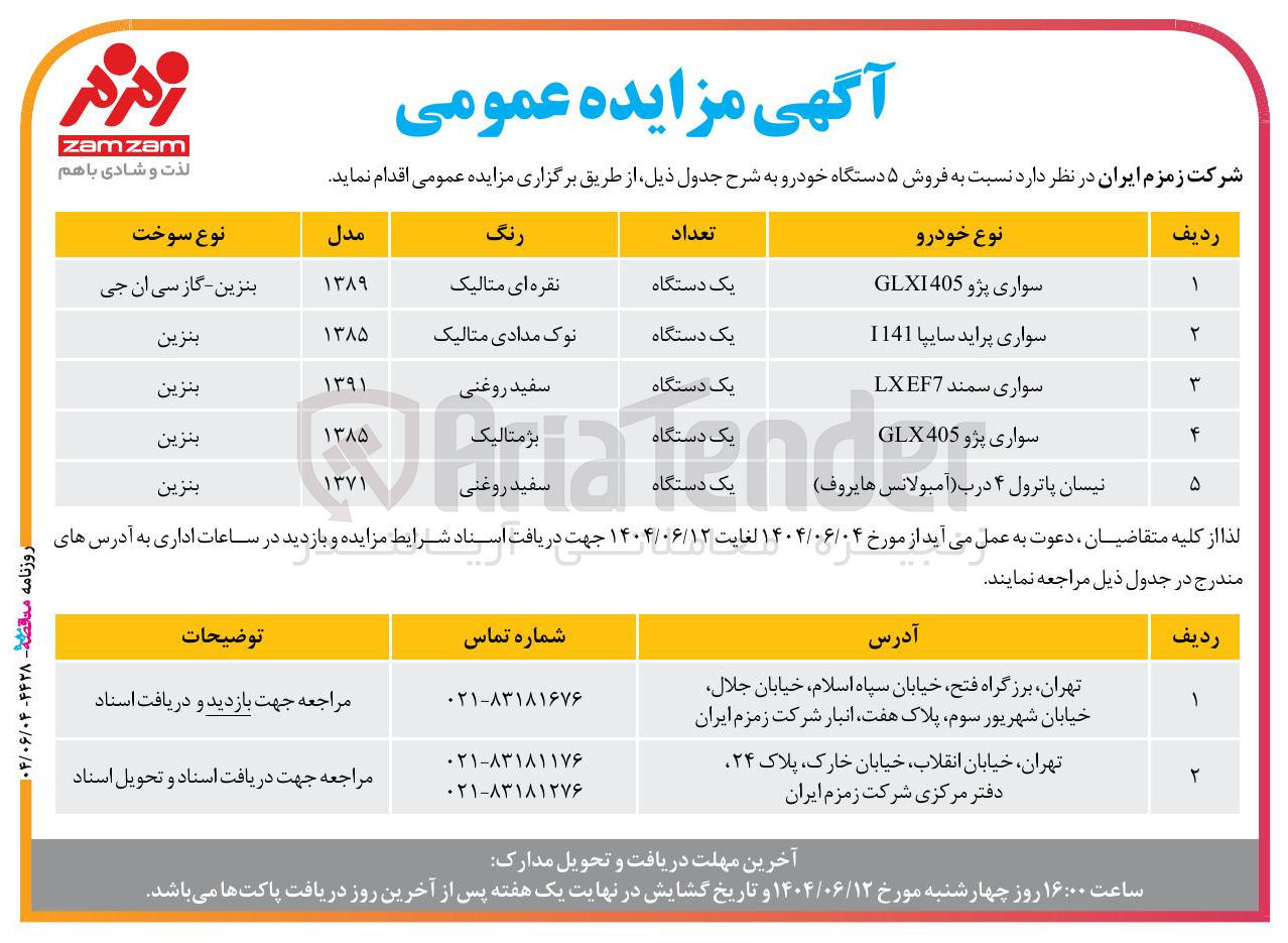 تصویر کوچک آگهی فروش ۵ دستگاه خودرو : سواری پژو 405 GLX - سواری پراید سایپا 1141 - سواری سمند EF7 LX - سواری پژو 405 GLX - نیسان پاترول ۴ درب آمبولانس هایروف