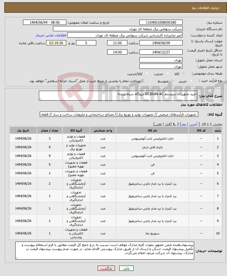 تصویر کوچک آگهی نیاز انتخاب تامین کننده-خرید تجهیزات سیستم DC$Safe AC نیروگاه سیاه بیشه