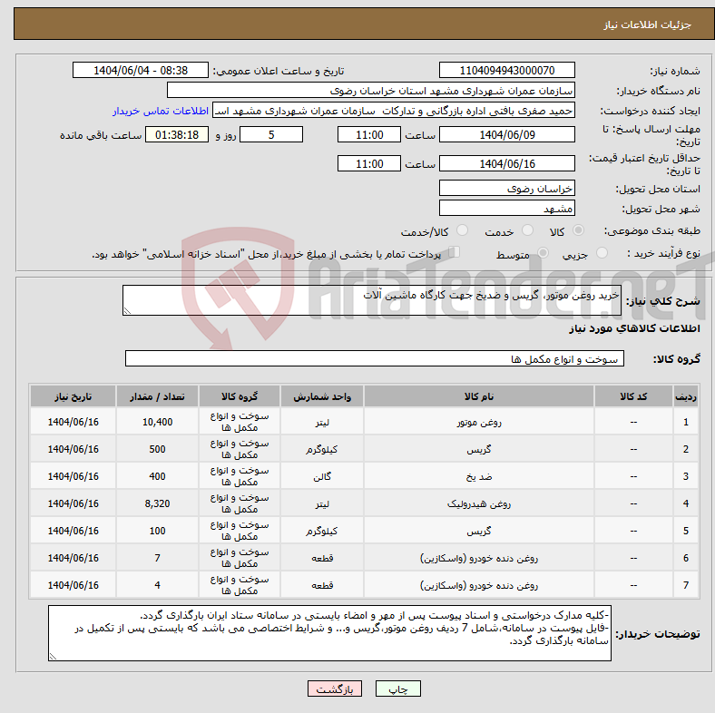 تصویر کوچک آگهی نیاز انتخاب تامین کننده-خرید روغن موتور، گریس و ضدیخ جهت کارگاه ماشین آلات