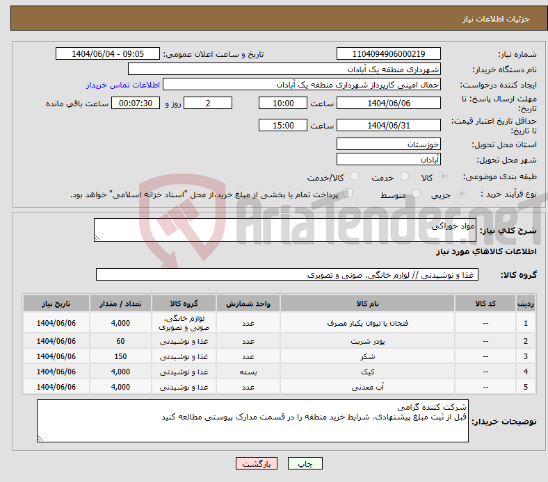 تصویر کوچک آگهی نیاز انتخاب تامین کننده-مواد خوراکی