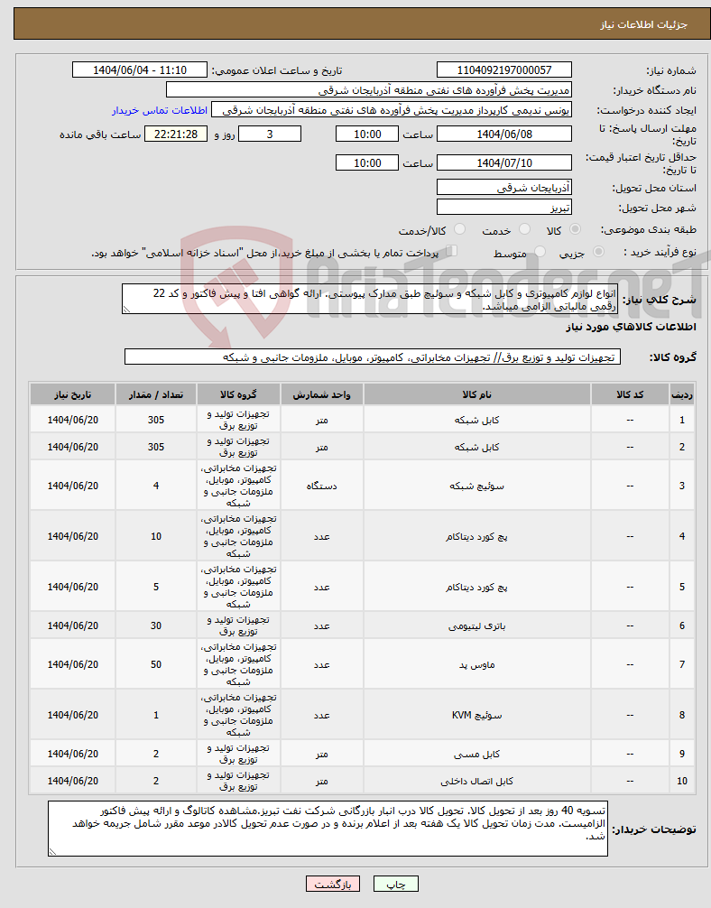 تصویر کوچک آگهی نیاز انتخاب تامین کننده-انواع لوازم کامپیوتری و کابل شبکه و سوئیچ طبق مدارک پیوستی. ارائه گواهی افتا و پیش فاکتور و کد 22 رقمی مالیاتی الزامی میباشد.