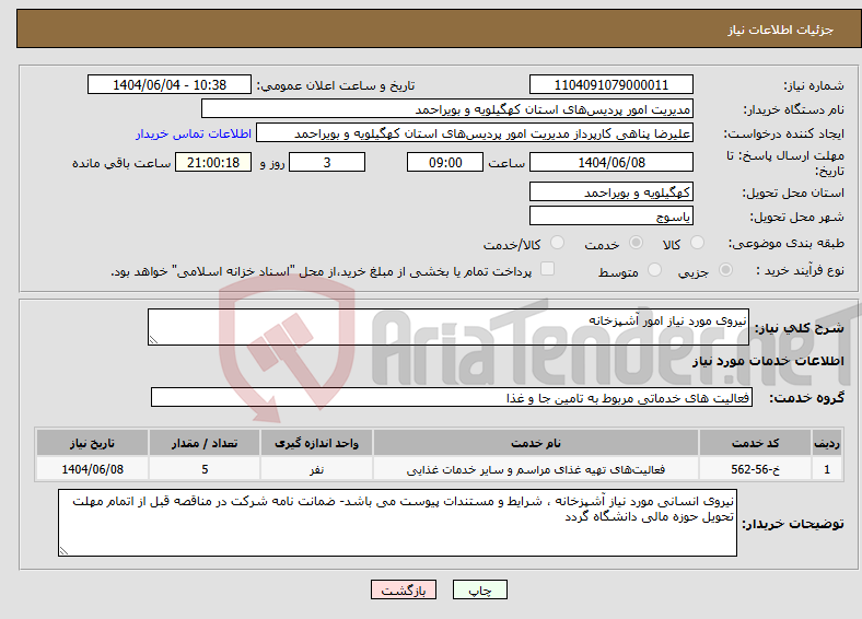 تصویر کوچک آگهی نیاز انتخاب تامین کننده-نیروی مورد نیاز امور آشپزخانه 