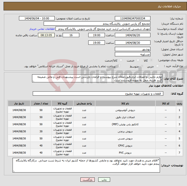 تصویر کوچک آگهی نیاز انتخاب تامین کننده-لوازم جانبی و اتصالات ابزاردقیق-ملاک شرح پیوست و الزامات بازرسی است پیشنهدات فنی و مالی ضمیمه گردد هزینه حمل به عهده فروشنده است