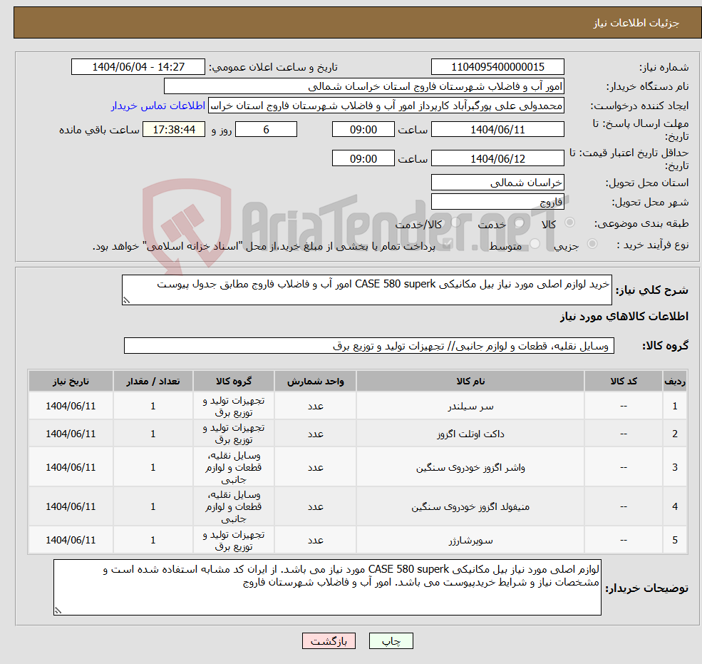 تصویر کوچک آگهی نیاز انتخاب تامین کننده-خرید لوازم اصلی مورد نیاز بیل مکانیکی CASE 580 superk امور آب و فاضلاب فاروج مطابق جدول پیوست