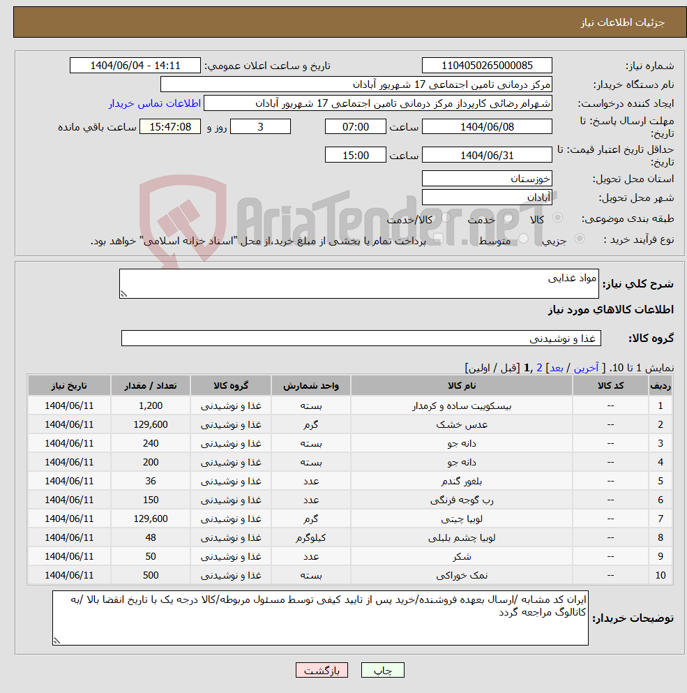تصویر کوچک آگهی نیاز انتخاب تامین کننده-مواد غذایی
