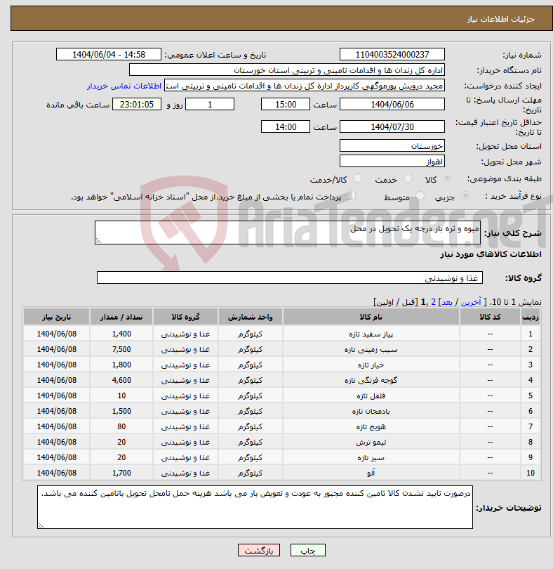 تصویر کوچک آگهی نیاز انتخاب تامین کننده-میوه و تره بار درجه یک تحویل در محل