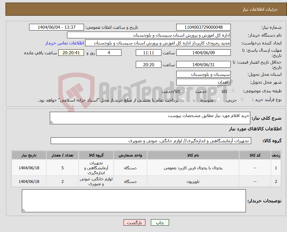 نیاز انتخاب تامین کننده-خرید افلام مورد نیاز مطابق مشخصات پیوست