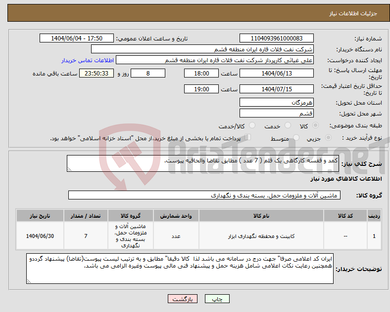 تصویر کوچک آگهی نیاز انتخاب تامین کننده-کمد و قفسه کارگاهی یک قلم ( 7 عدد ) مطابق تقاضا والحاقیه پیوست. 