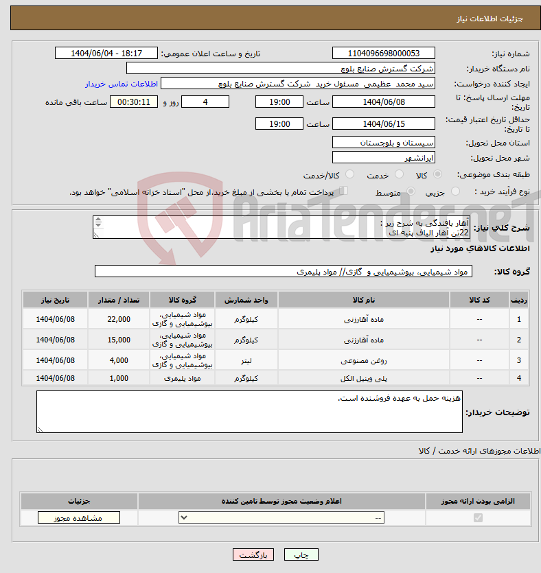تصویر کوچک آگهی نیاز انتخاب تامین کننده-آهار بافندگی به شرح زیر : 22تن آهار الیاف پنبه ای 15تن آهار الیاف مصنوعی 4تن روغن آهار 1تن پلی وینیل الکل