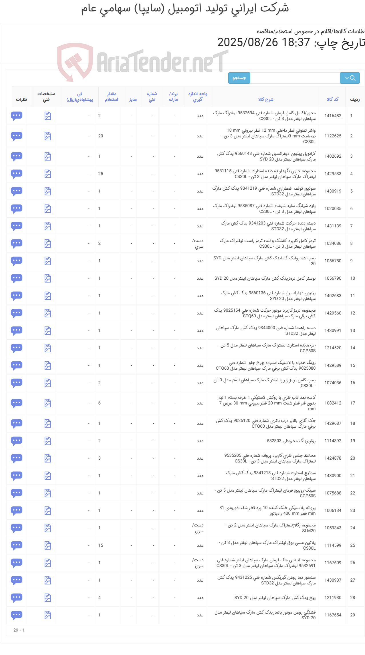 تصویر کوچک آگهی 29 ردیف اقلام یدکی لیفتراک سپاهان لیفتر(طبق مشخصات پیوست)