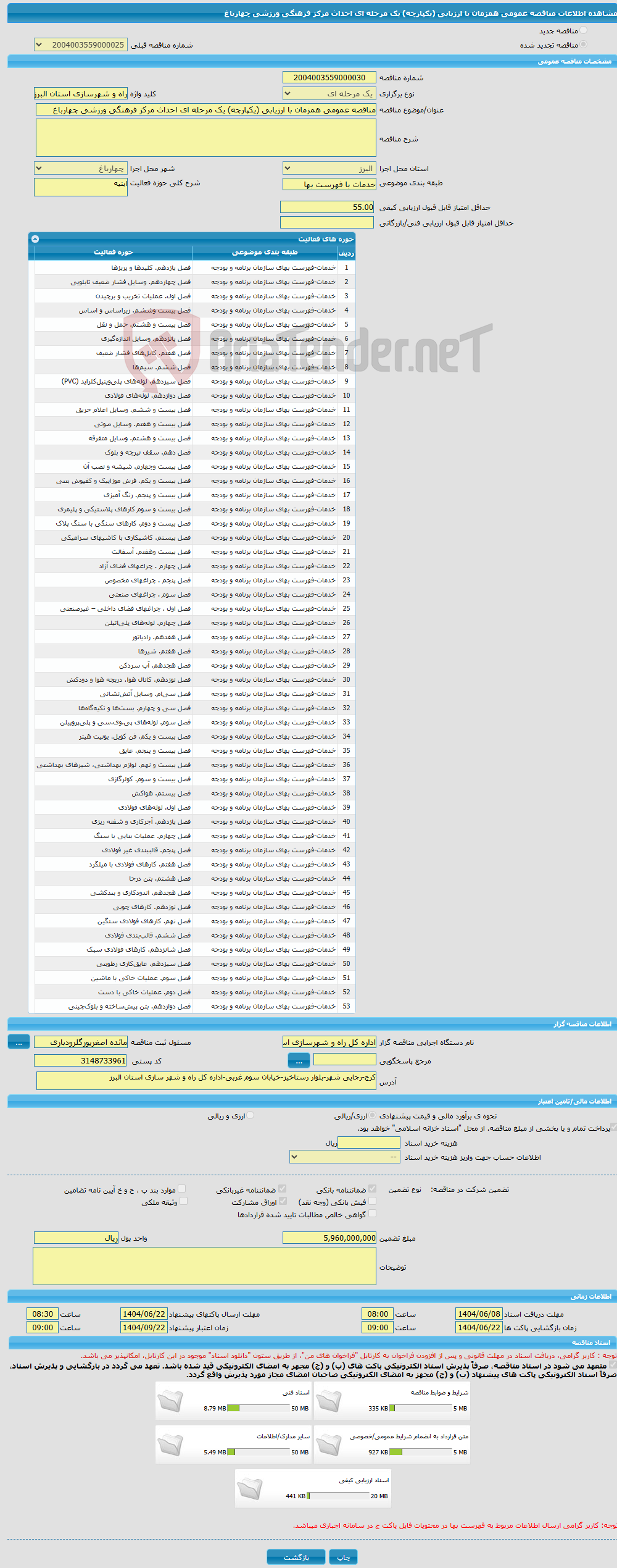 تصویر کوچک آگهی مناقصه عمومی همزمان با ارزیابی (یکپارچه) یک مرحله ای احداث مرکز فرهنگی ورزشی چهارباغ