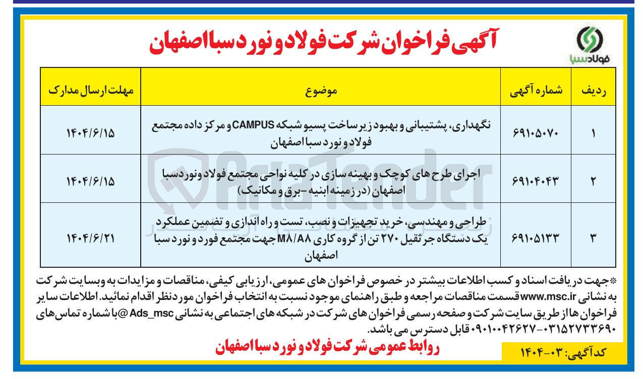 تصویر کوچک آگهی اجرای طرح های کوچک و بهینه سازی در کلیه نواحی مجتمع فولاد و نور د سبا اصفهان در زمینه ابنیه - برق و مکانیک 
