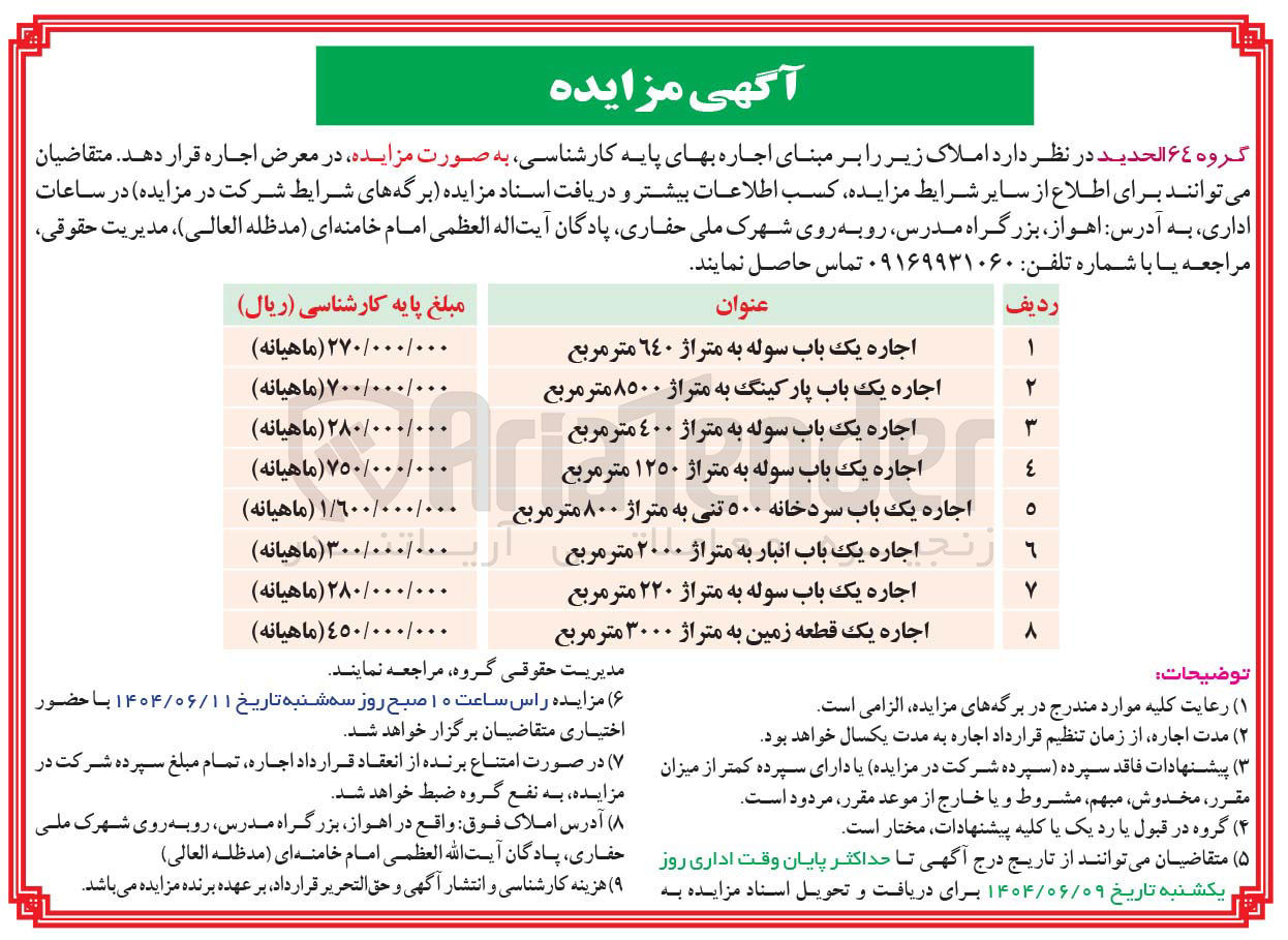 تصویر کوچک آگهی اجاره املاک در 8 ردیف با کاربری سوله - پارکینگ - سردخانه - انبار - زمین