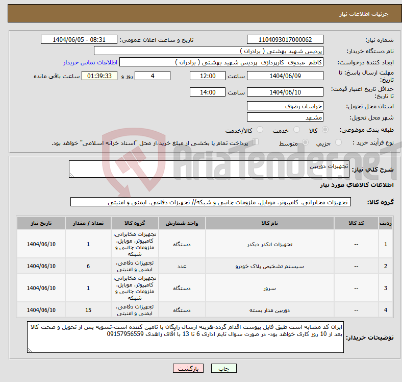 تصویر کوچک آگهی نیاز انتخاب تامین کننده-تجهیزات دوربین