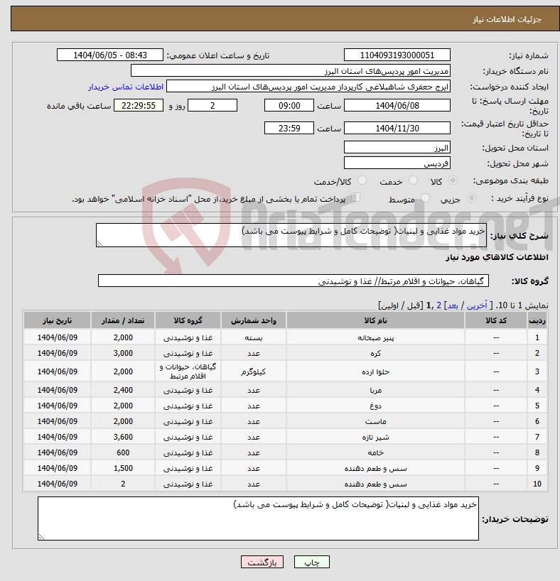 تصویر کوچک آگهی نیاز انتخاب تامین کننده-خرید مواد غذایی و لبنیات( توضیحات کامل و شرایط پیوست می باشد)