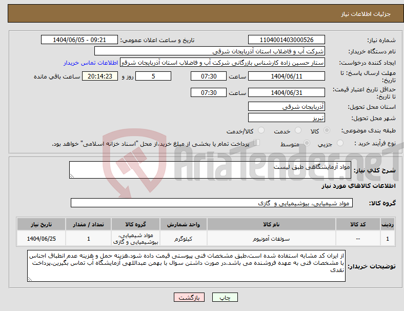 تصویر کوچک آگهی نیاز انتخاب تامین کننده-مواد آزمایشگاهی طبق لیست