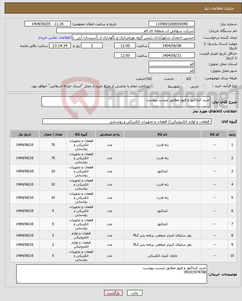 تصویر کوچک آگهی نیاز انتخاب تامین کننده-خرید کنتاکتور و فیوز مطابق لیست پیوست