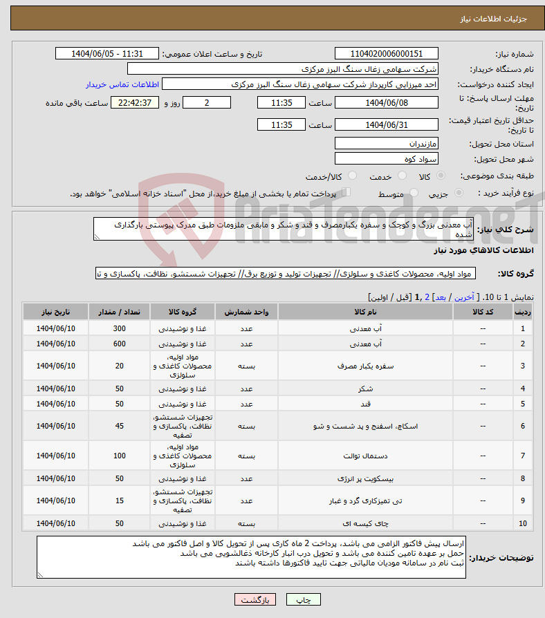 تصویر کوچک آگهی نیاز انتخاب تامین کننده-آب معدنی بزرگ و کوچک و سفره یکبارمصرف و قند و شکر و مابقی ملزومات طبق مدرک پیوستی بارگذاری شده