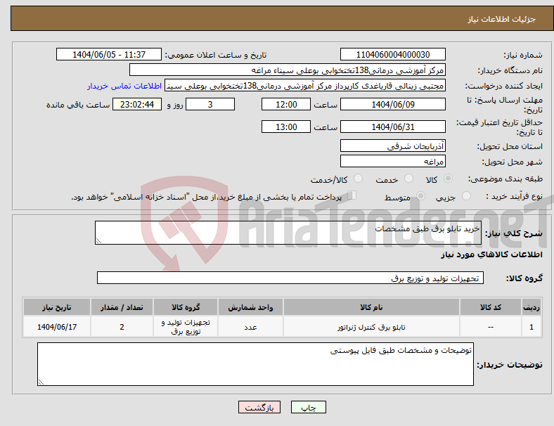 تصویر کوچک آگهی نیاز انتخاب تامین کننده-خرید تابلو برق طبق مشخصات