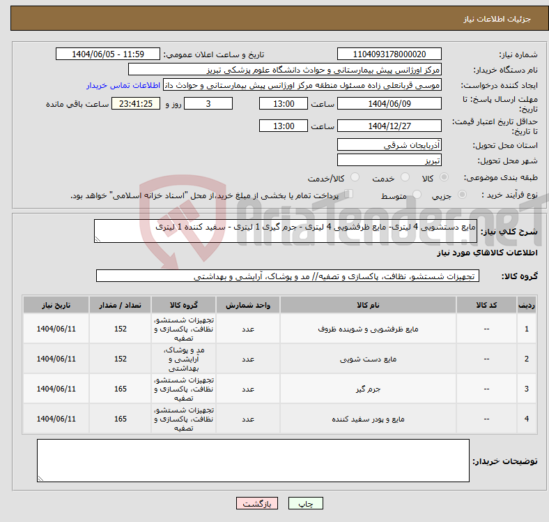 تصویر کوچک آگهی نیاز انتخاب تامین کننده-مایع دستشویی 4 لیتری- مایع ظرفشویی 4 لیتری - جرم گیری 1 لیتری - سفید کننده 1 لیتری