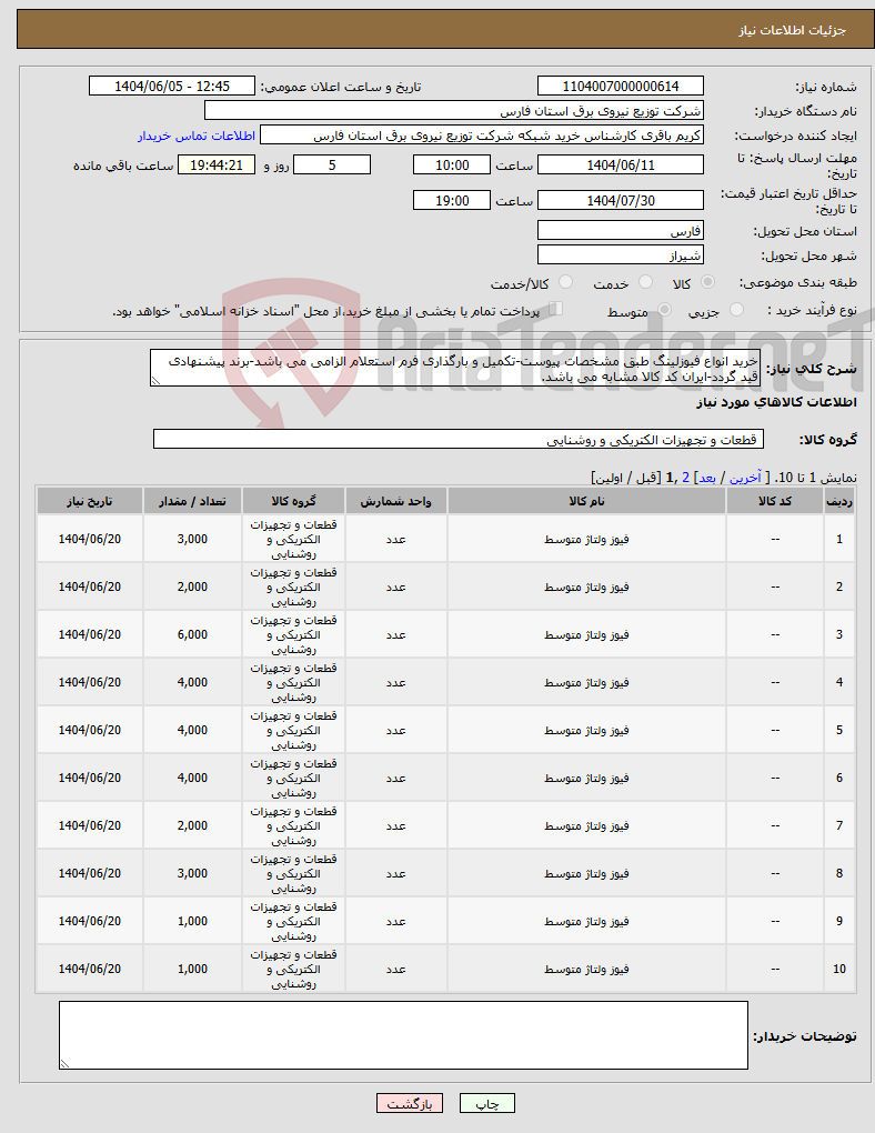 تصویر کوچک آگهی نیاز انتخاب تامین کننده-خرید انواع فیوزلینگ طبق مشخصات پیوست-تکمیل و بارگذاری فرم استعلام الزامی می باشد-برند پیشنهادی قید گردد-ایران کد کالا مشابه می باشد.