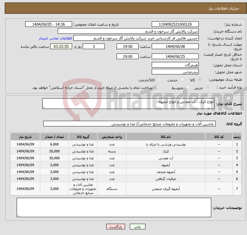 تصویر کوچک آگهی نیاز انتخاب تامین کننده-انواع کیک ، آب معدنی و انواع آبمیوه