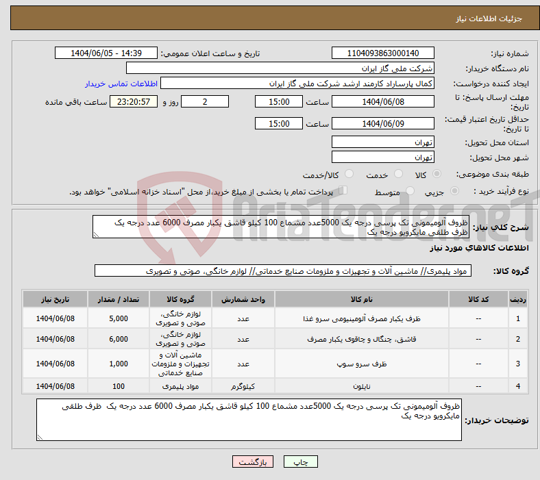 تصویر کوچک آگهی نیاز انتخاب تامین کننده-ظروف آلومیمونی تک پرسی درجه یک 5000عدد مشماع 100 کیلو قاشق یکبار مصرف 6000 عدد درجه یک ظرف طلقی مایکرویو درجه یک