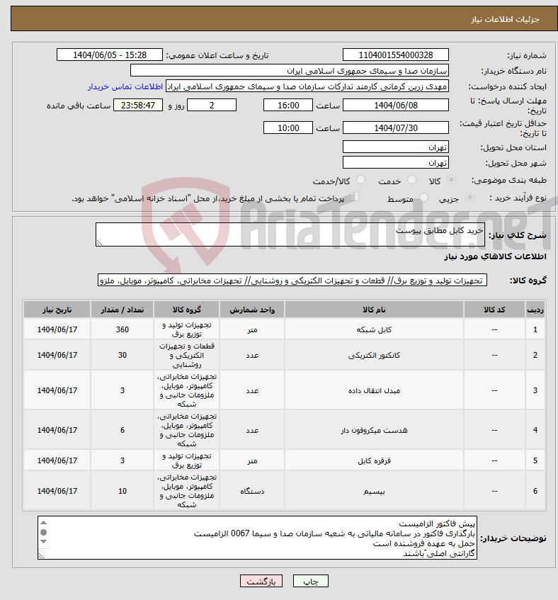 تصویر کوچک آگهی نیاز انتخاب تامین کننده-خرید کابل مطابق پیوست