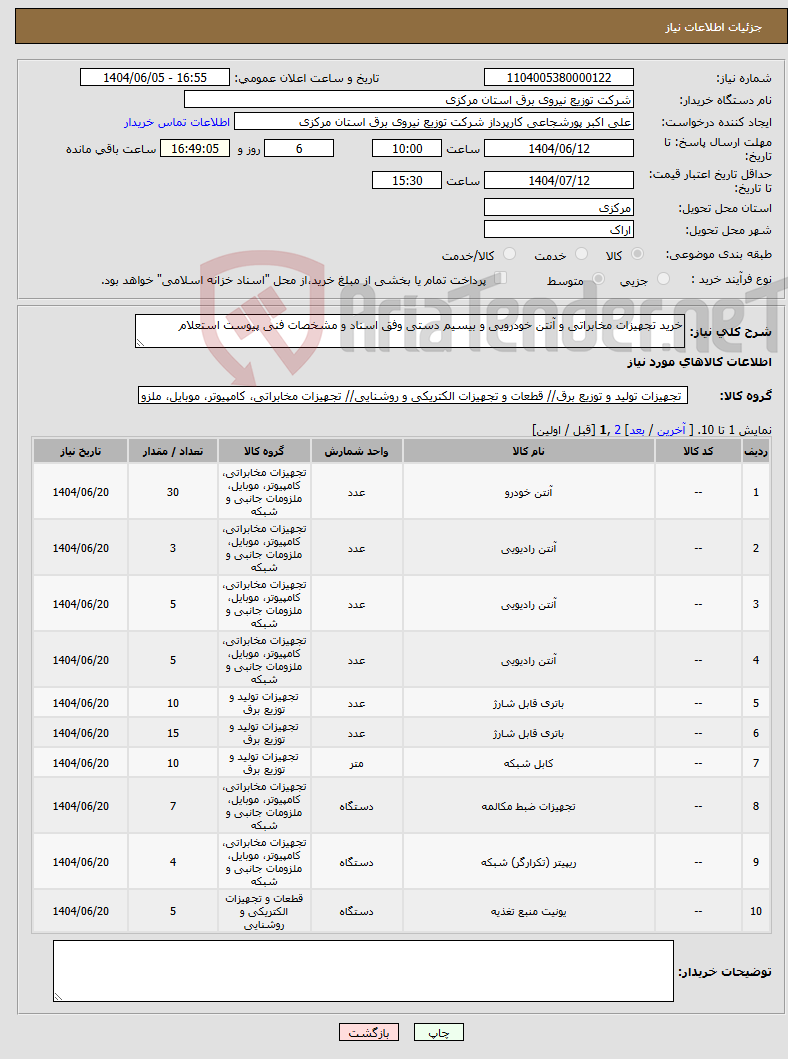 تصویر کوچک آگهی نیاز انتخاب تامین کننده-خرید تجهیزات مخابراتی و آنتن خودرویی و بیسیم دستی وفق اسناد و مشخصات فنی پیوست استعلام 