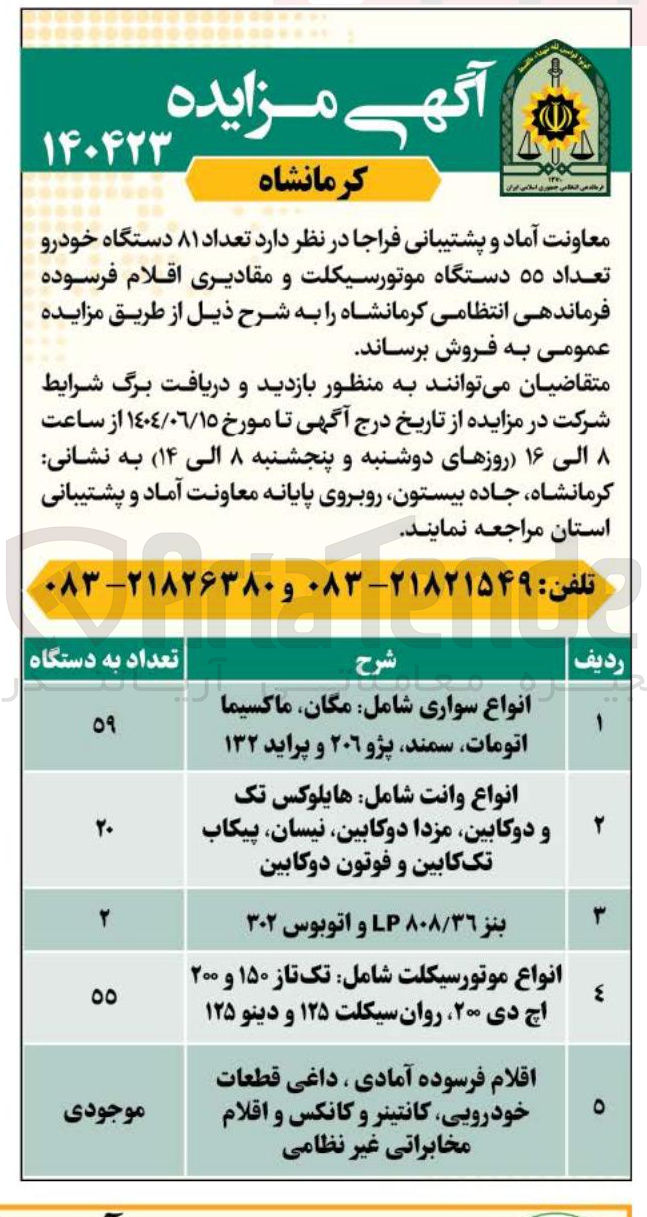 تصویر کوچک آگهی تعداد ۸۱ دستگاه خودرو تعداد ۵۵ دستگاه موتورسیکلت و مقادیری اقلام فرسوده