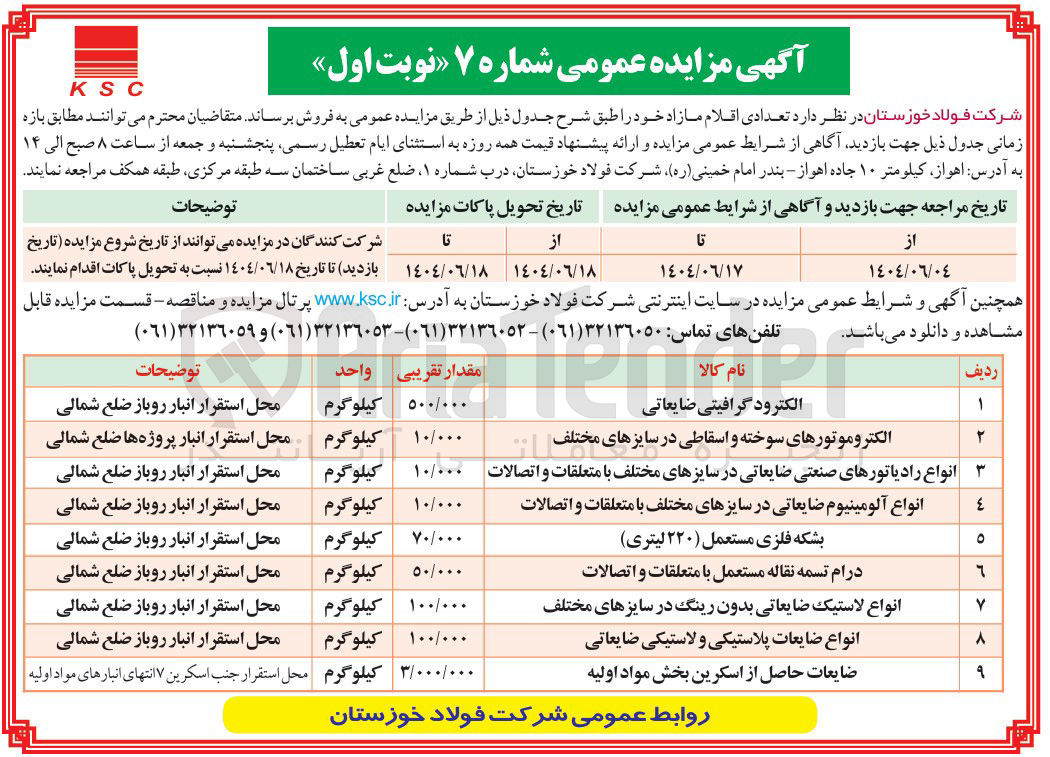 تصویر کوچک آگهی فروش اقلام در 9 ردیف شامل : الکترود گرافیتی ضایعاتی - الکتروموتورهای سوخته و اسقاطی در سایزهای مختلف - انواع رادیاتورهای صنعتی ضایعاتی در سایزهای مختلف با متعلقات و اتصالات - انواع آلومینیوم ضایعاتی در سایزهای مختلف با متعلقات و اتصالات - بشکه فلزی مستعمل ( ۲۲۰ لیتری ) - درام تسمه نقاله مستعمل با متعلقات و اتصالات - انواع لاستیک ضایعاتی بدون رینگ در سایزهای مختلف - انواع ضایعات پلاستیکی و لاستیکی ضایعاتی - ضایعات حاصل از اسکرین بخش مواد اولیه