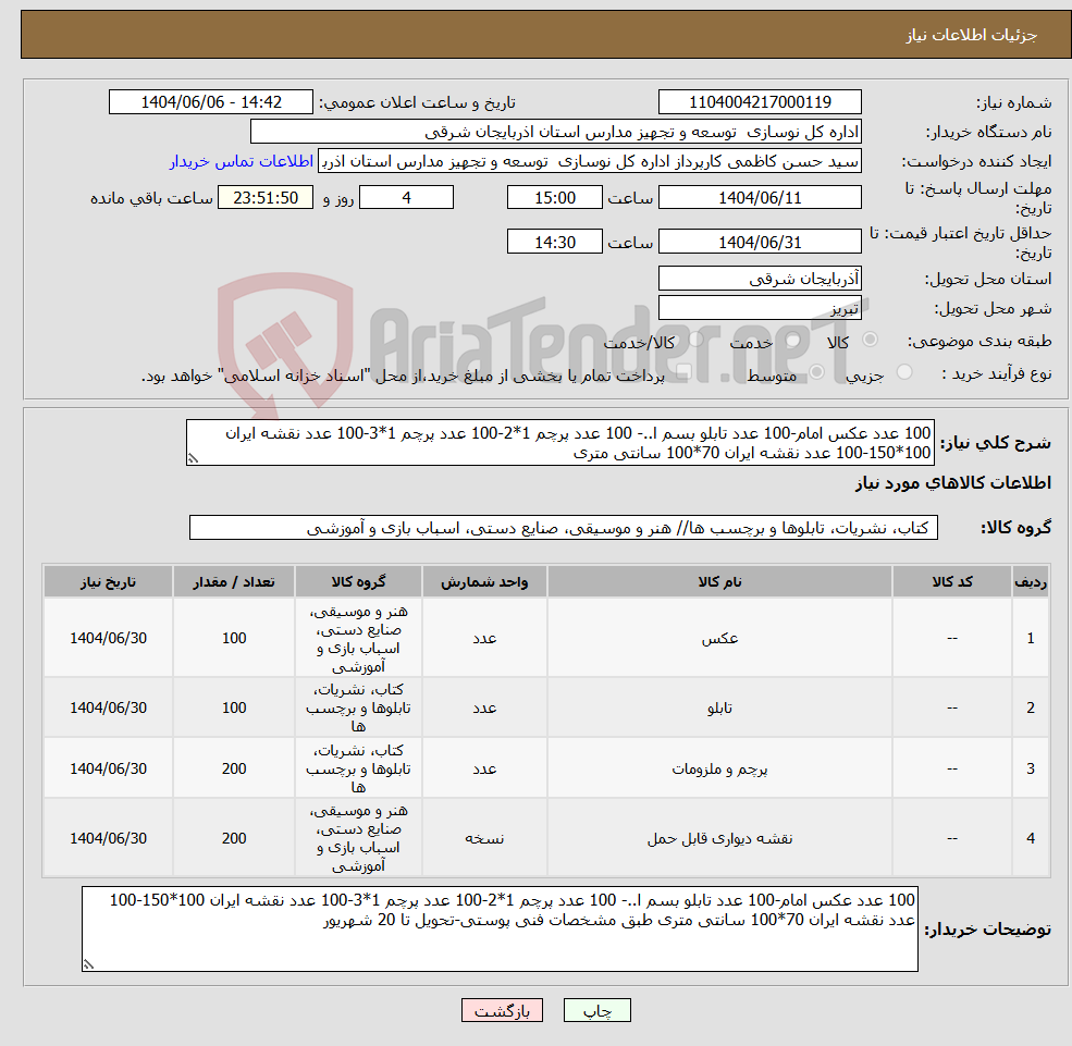 تصویر کوچک آگهی نیاز انتخاب تامین کننده-100 عدد عکس امام-100 عدد تابلو بسم ا..- 100 عدد پرچم 1*2-100 عدد پرچم 1*3-100 عدد نقشه ایران 100*150-100 عدد نقشه ایران 70*100 سانتی متری 