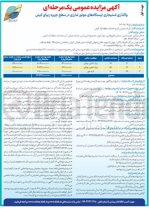 تصویر کوچک آگهی واگذاری استیجاری ایستگاه های موتور شارژی در 3 ردیف
