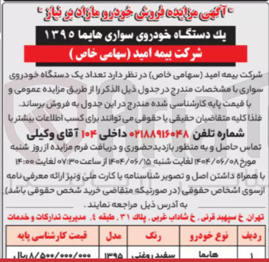 تصویر کوچک آگهی فروش يك دستگاه خودروی سواری هایما ۱۳۹۵