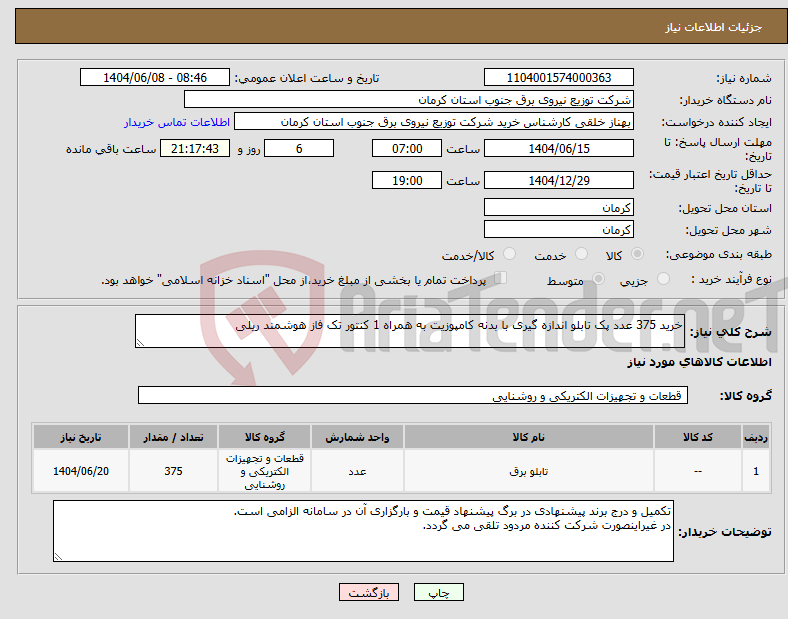 تصویر کوچک آگهی نیاز انتخاب تامین کننده-خرید 375 عدد پک تابلو اندازه گیری با بدنه کامپوزیت به همراه 1 کنتور تک فاز هوشمند ریلی