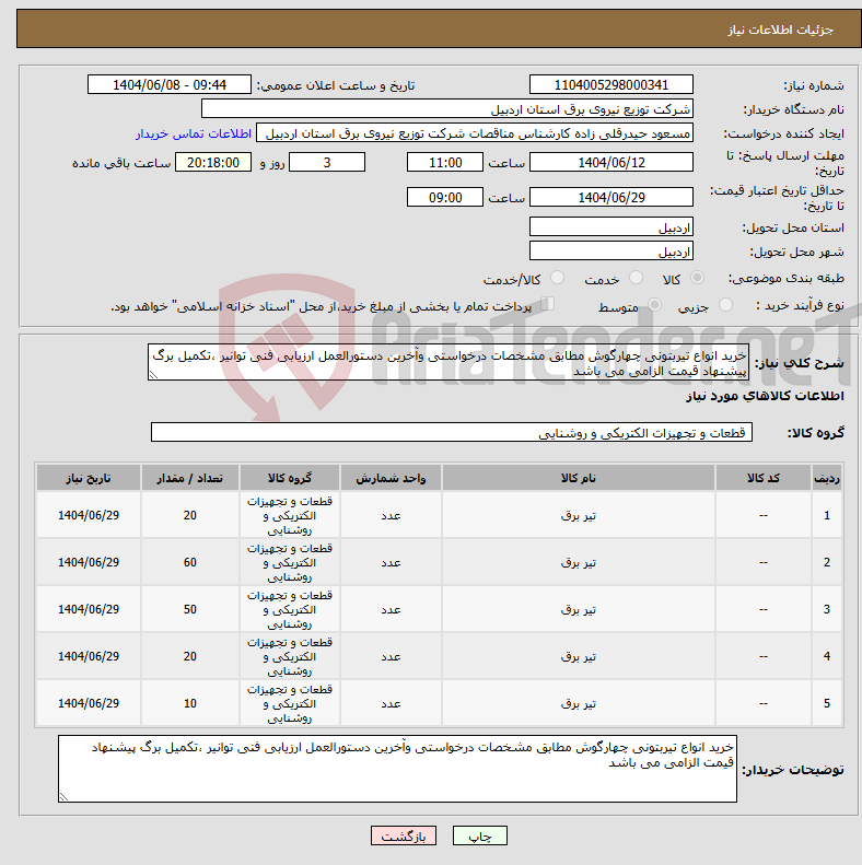 تصویر کوچک آگهی نیاز انتخاب تامین کننده-خرید انواع تیربتونی چهارگوش مطابق مشخصات درخواستی وآخرین دستورالعمل ارزیابی فنی توانیر ،تکمیل برگ پیشنهاد قیمت الزامی می باشد
