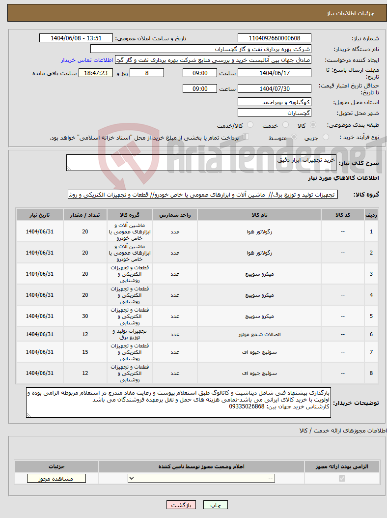 تصویر کوچک آگهی نیاز انتخاب تامین کننده-خرید تجهیزات ابزار دقیق