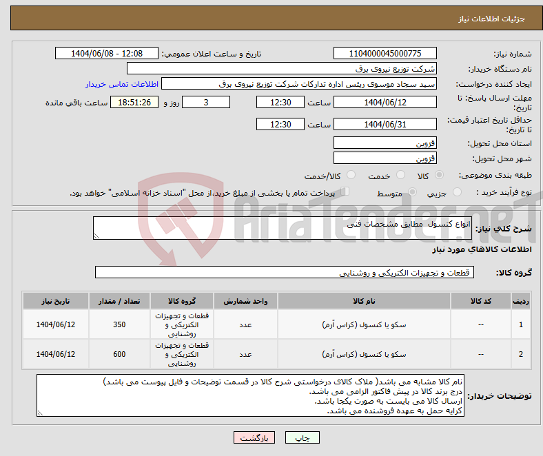 تصویر کوچک آگهی نیاز انتخاب تامین کننده-انواع کنسول مطابق مشخصات فنی 