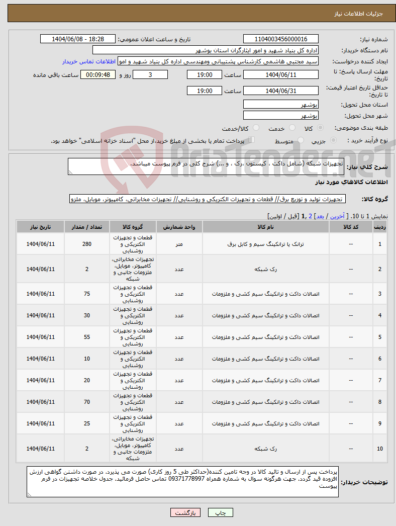 تصویر کوچک آگهی نیاز انتخاب تامین کننده-تجهیزات شبکه (شامل داکت ، کیستون ،رک ، و ...) شرح کلی در فرم پیوست میباشد.